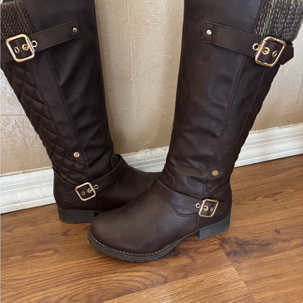 Global Win Brown calf boots with golden buckle accents. Inserts NOT included.